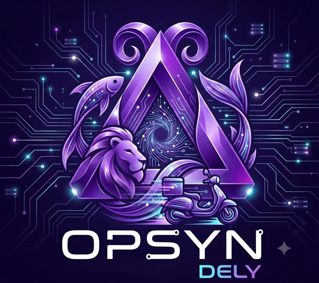 Logo de Opsyn Dely: triángulo violeta con un león, un pez y una moto de reparto sobre circuitos